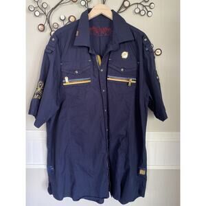 Crown Holder Men Shirt Size 4XL Navy Button Up Short Sleeves Embroidered Shirt